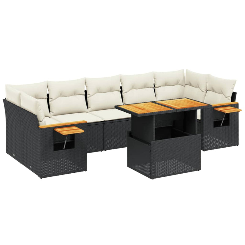 8-delige Loungeset met kussens poly rattan zwart