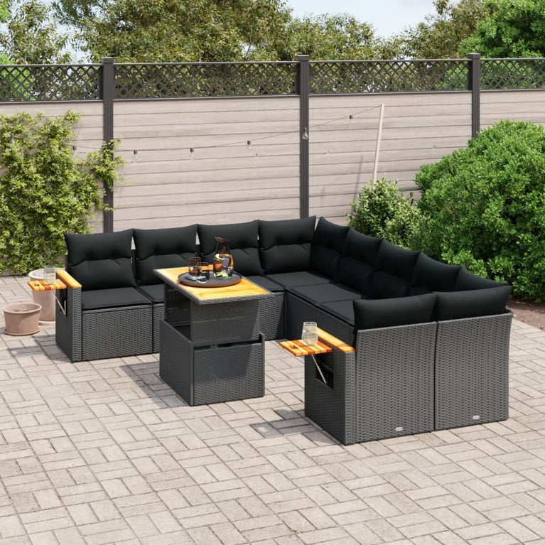 9-delige Loungeset met kussens poly rattan zwart