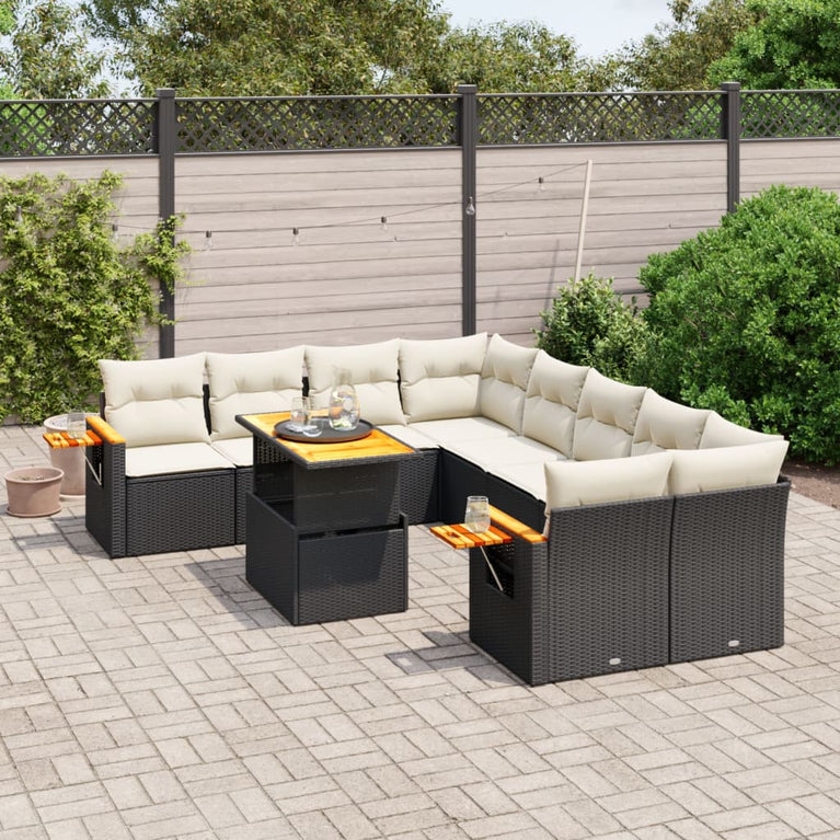9-delige Loungeset met kussens poly rattan zwart