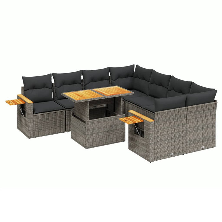 9-delige Loungeset met kussens poly rattan grijs