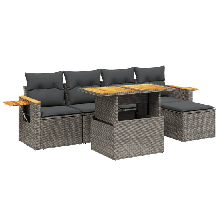 6-delige Loungeset met kussens poly rattan grijs