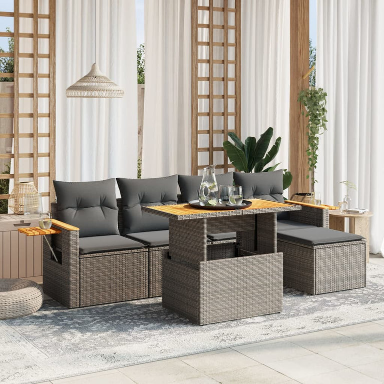 6-delige Loungeset met kussens poly rattan grijs