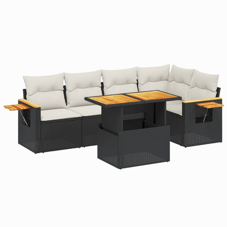 6-delige Loungeset met kussens poly rattan zwart