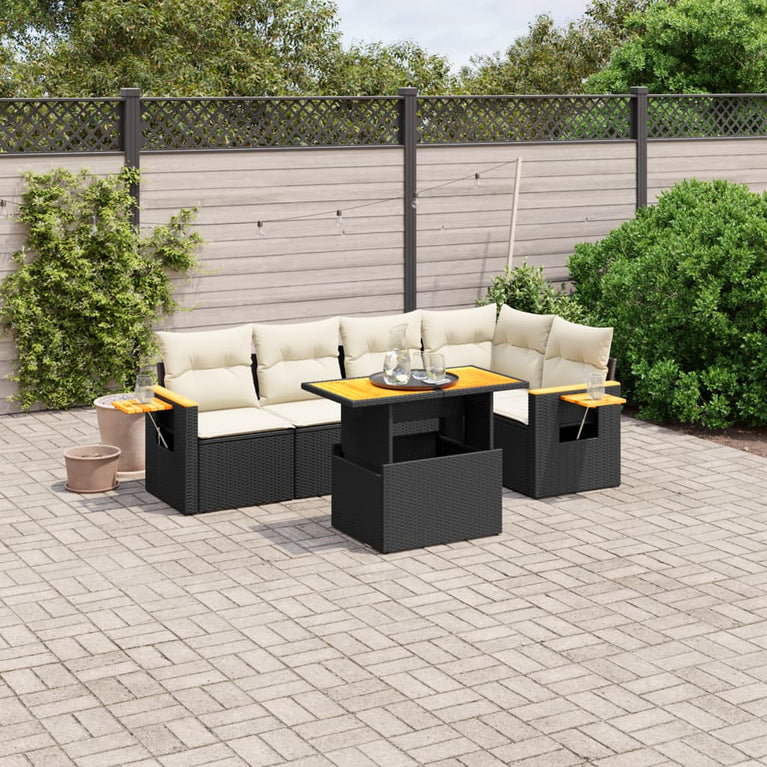 6-delige Loungeset met kussens poly rattan zwart