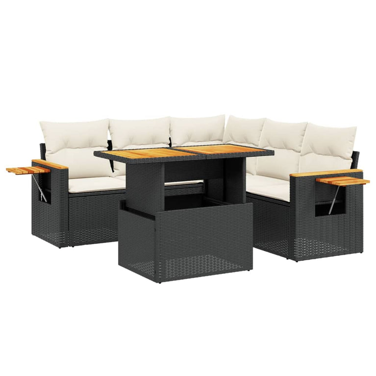 6-delige Loungeset met kussens poly rattan zwart