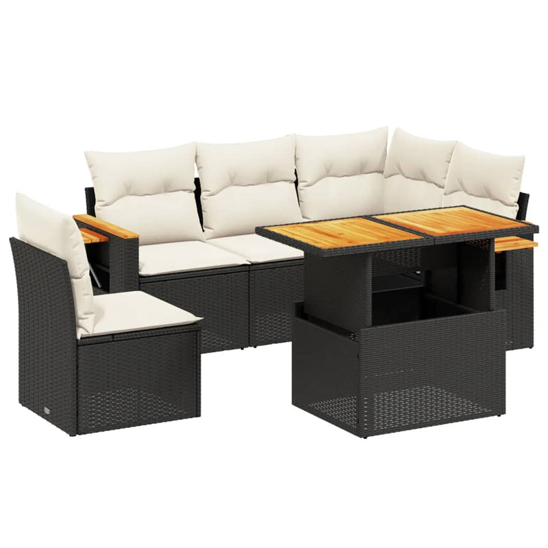 6-delige Loungeset met kussens poly rattan zwart