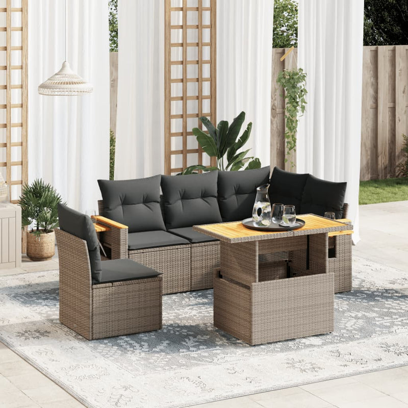 6-delige Loungeset met kussens poly rattan grijs