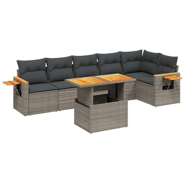 7-delige Loungeset met kussens poly rattan grijs
