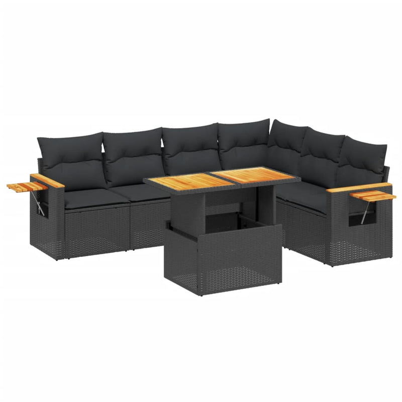 7-delige Loungeset met kussens poly rattan zwart