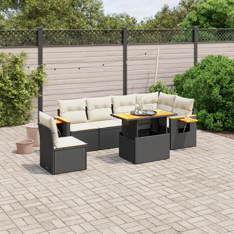 7-delige Loungeset met kussens poly rattan zwart