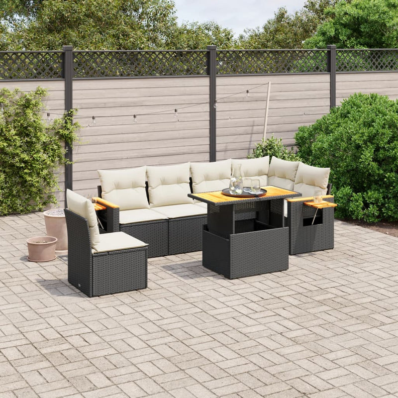 7-delige Loungeset met kussens poly rattan zwart