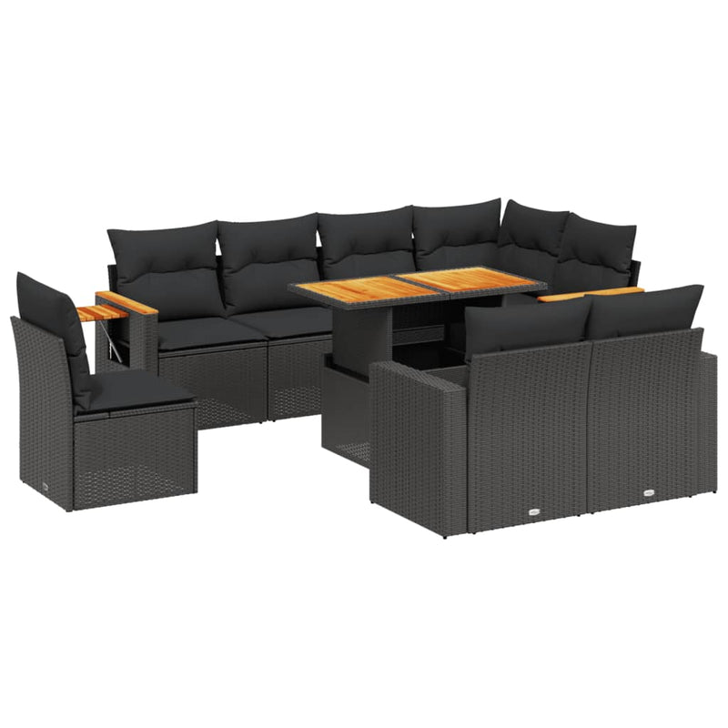 9-delige Loungeset met kussens poly rattan zwart