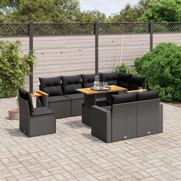 9-delige Loungeset met kussens poly rattan zwart