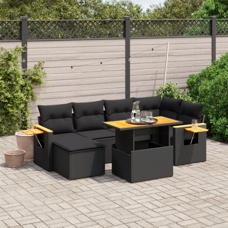 7-delige Loungeset met kussens poly rattan zwart