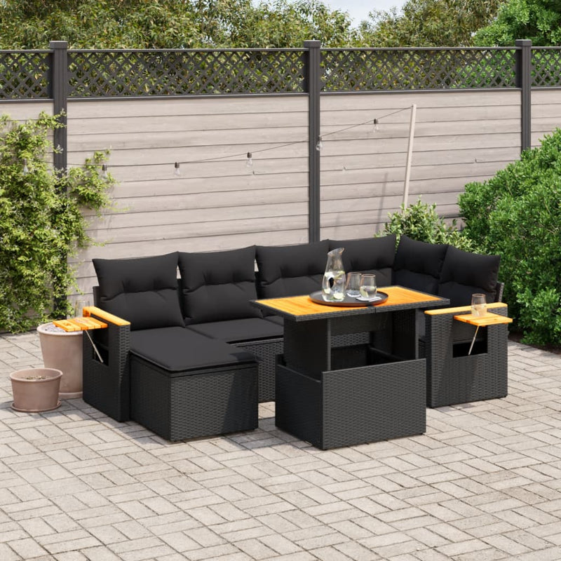 7-delige Loungeset met kussens poly rattan zwart
