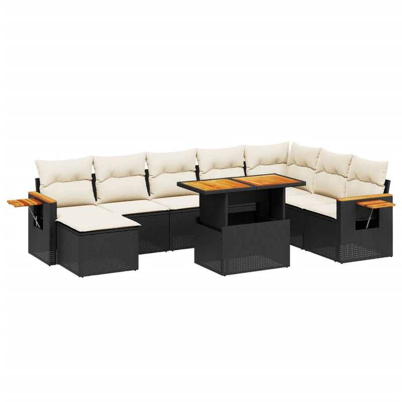 8-delige Loungeset met kussens poly rattan zwart