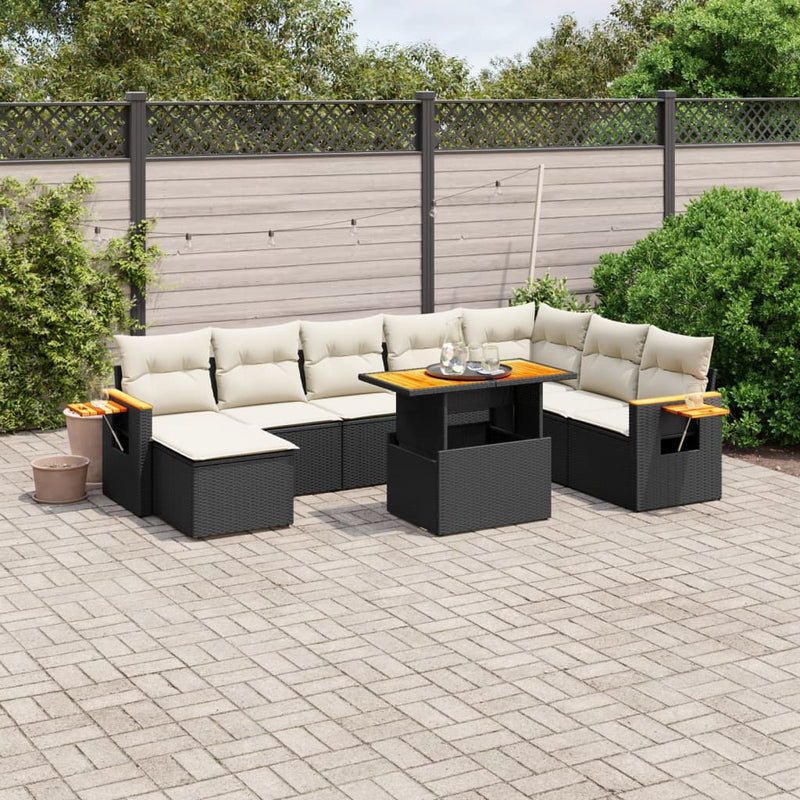 8-delige Loungeset met kussens poly rattan zwart