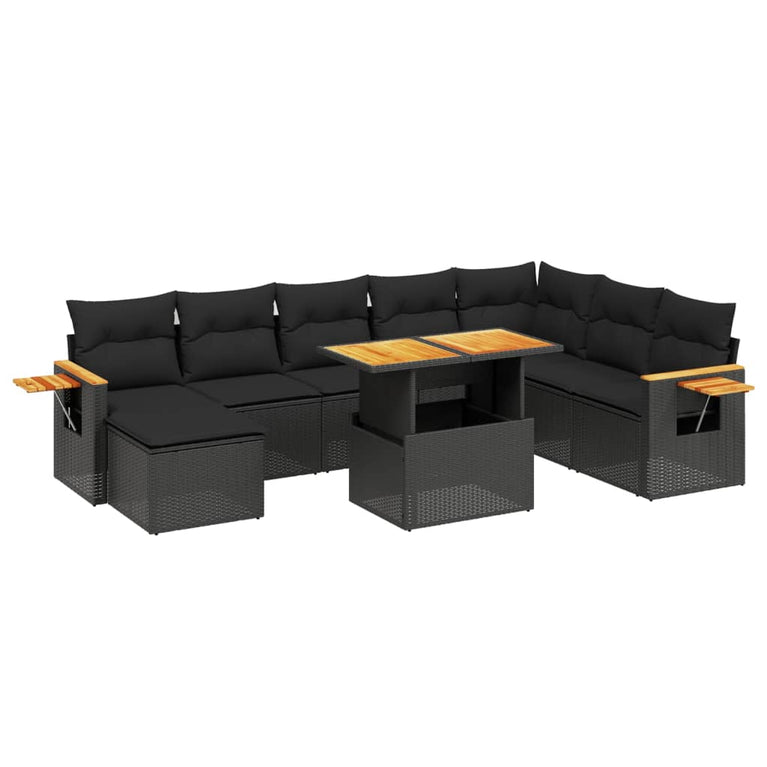 9-delige Loungeset met kussens poly rattan zwart