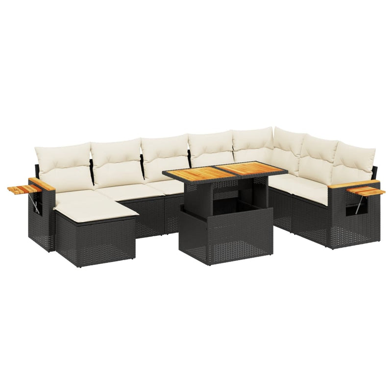 9-delige Loungeset met kussens poly rattan zwart