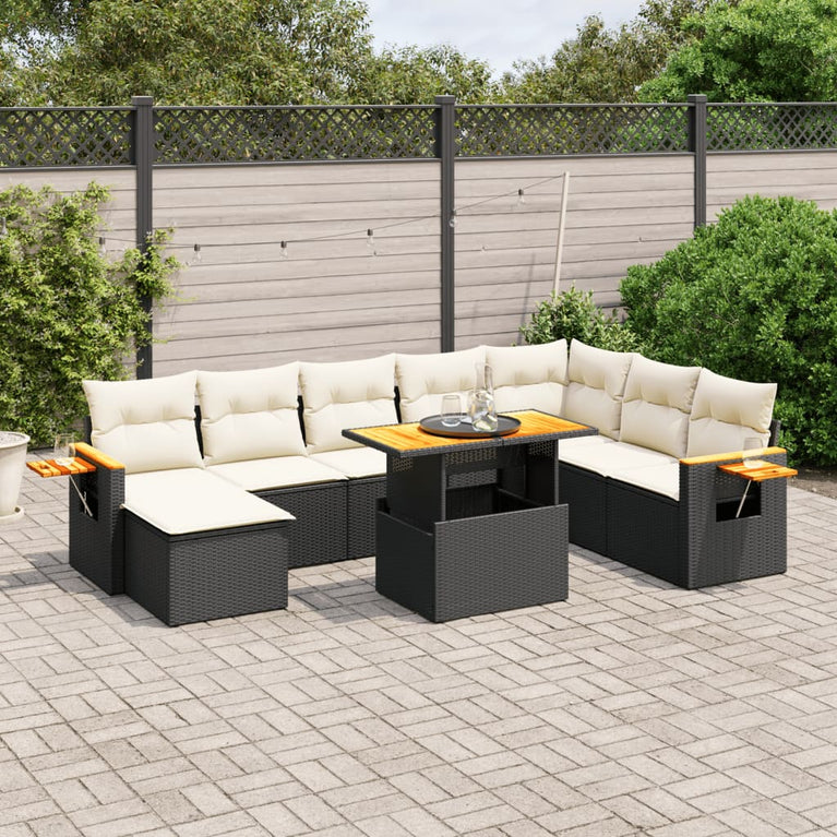 9-delige Loungeset met kussens poly rattan zwart