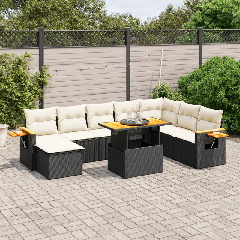 9-delige Loungeset met kussens poly rattan zwart