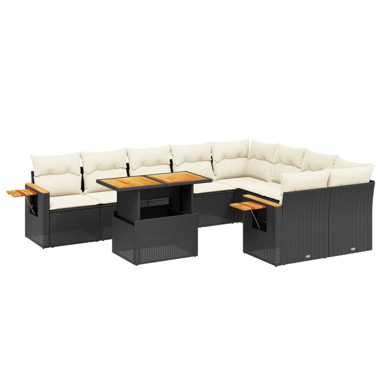 10-delige Loungeset met kussens poly rattan zwart