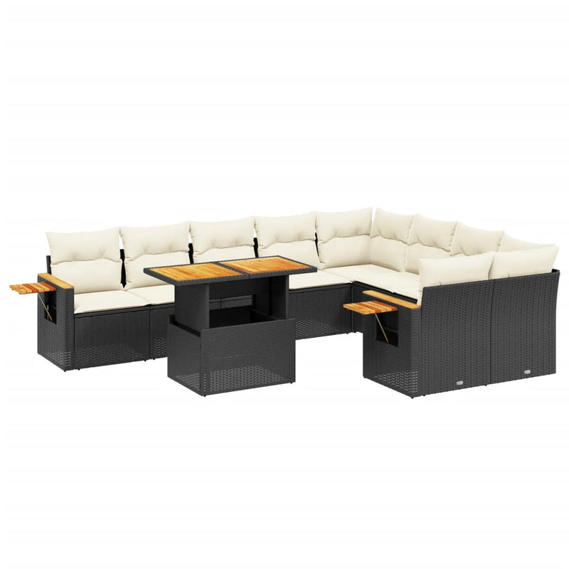 10-delige Loungeset met kussens poly rattan zwart