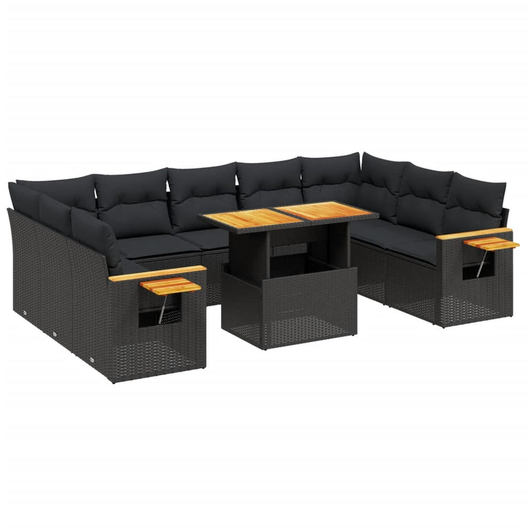 11-delige Loungeset met kussens poly rattan zwart