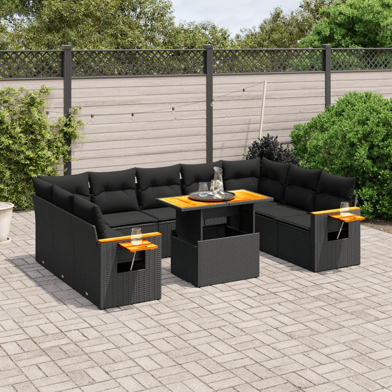 11-delige Loungeset met kussens poly rattan zwart