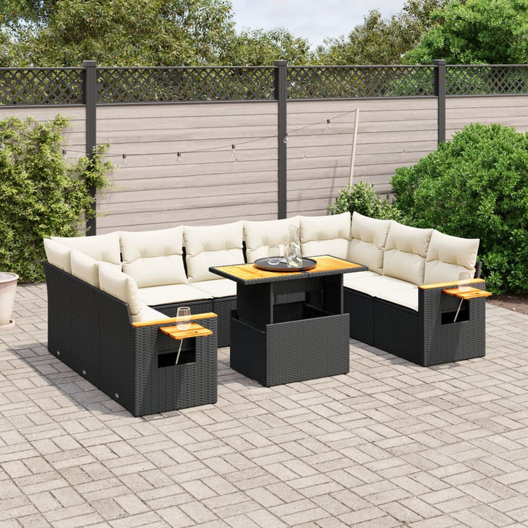 11-delige Loungeset met kussens poly rattan zwart