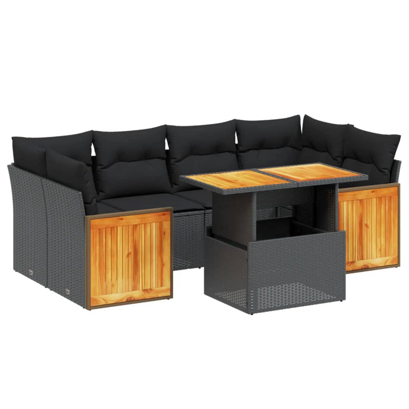 7-delige Loungeset met kussens poly rattan zwart