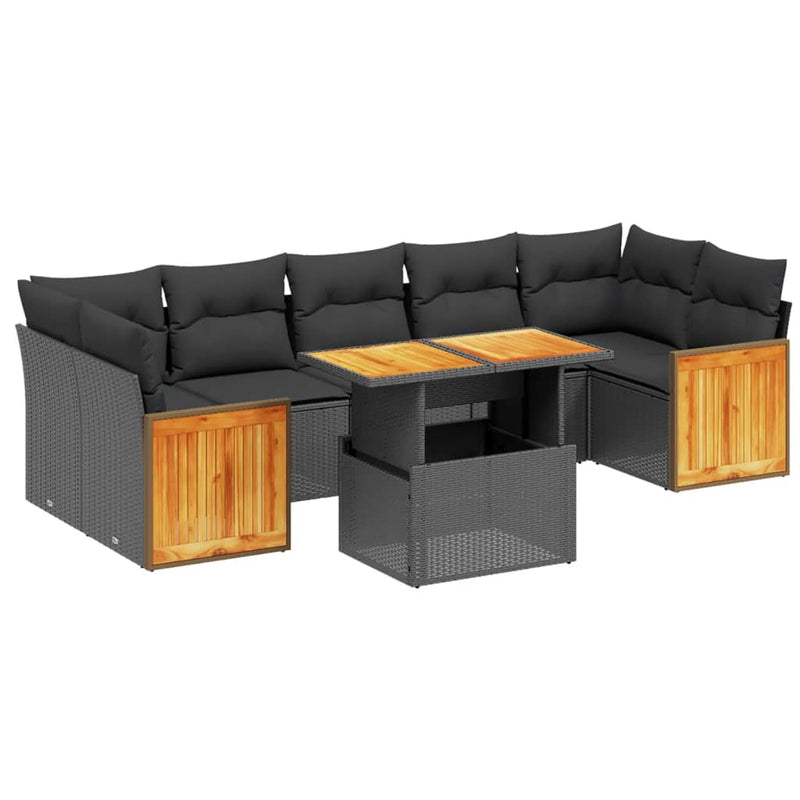 8-delige Loungeset met kussens poly rattan zwart