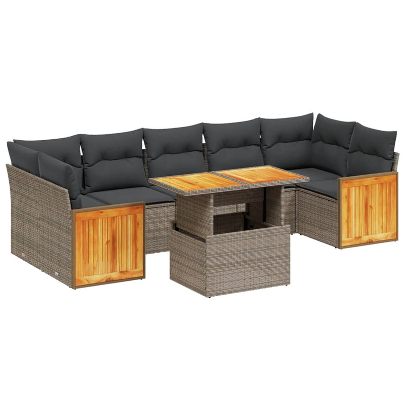 8-delige Loungeset met kussens poly rattan grijs