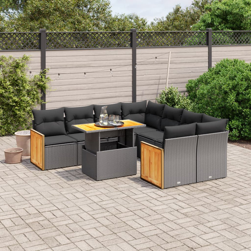 9-delige Loungeset met kussens poly rattan zwart