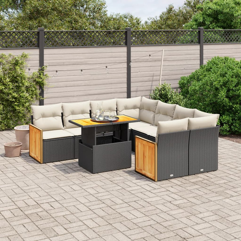 9-delige Loungeset met kussens poly rattan zwart