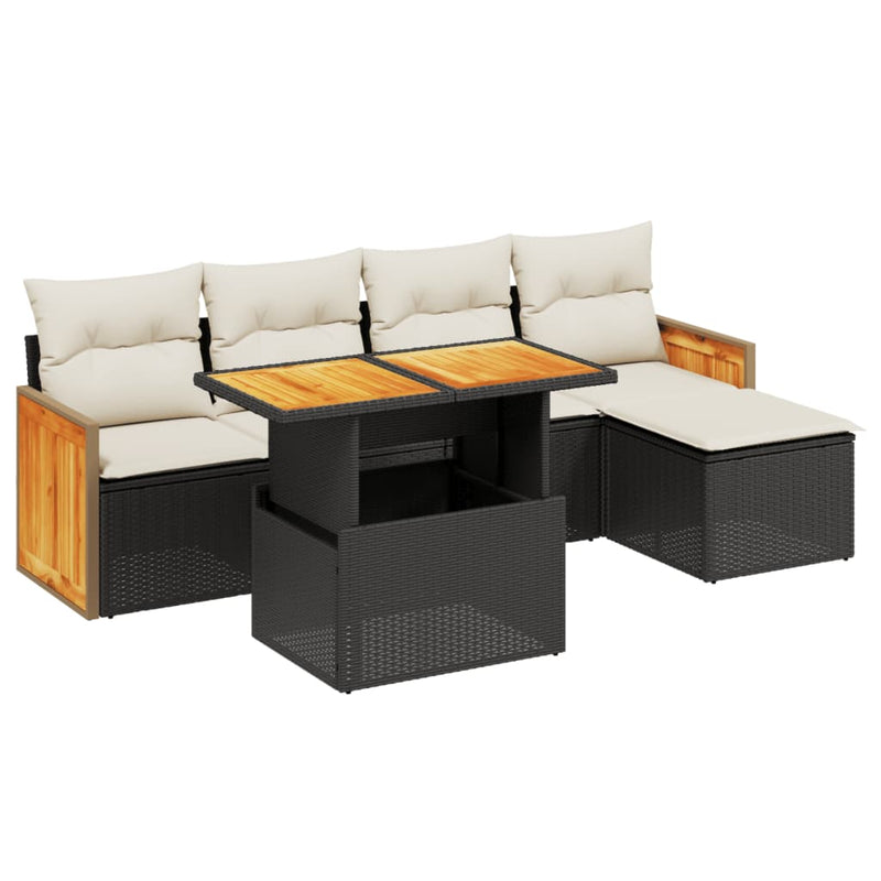 6-delige Loungeset met kussens poly rattan zwart
