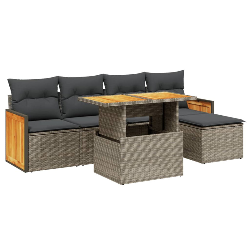 6-delige Loungeset met kussens poly rattan grijs