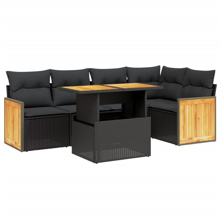 6-delige Loungeset met kussens poly rattan zwart