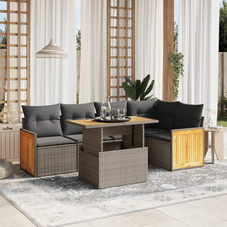 6-delige Loungeset met kussens poly rattan beige