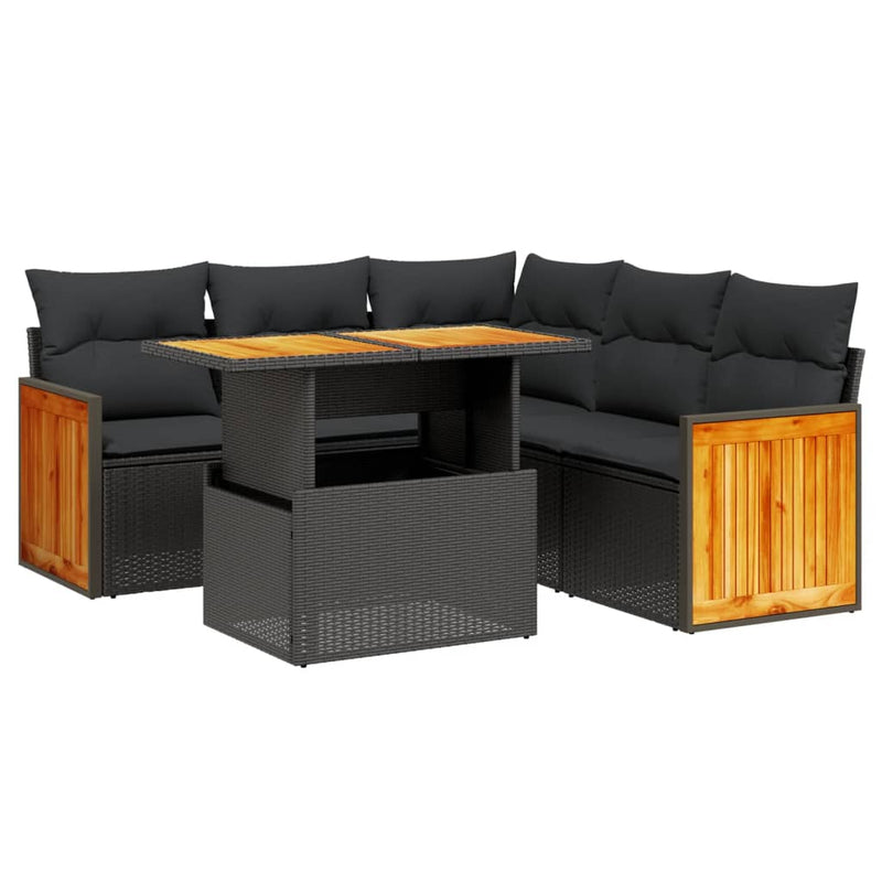 6-delige Loungeset met kussens poly rattan zwart