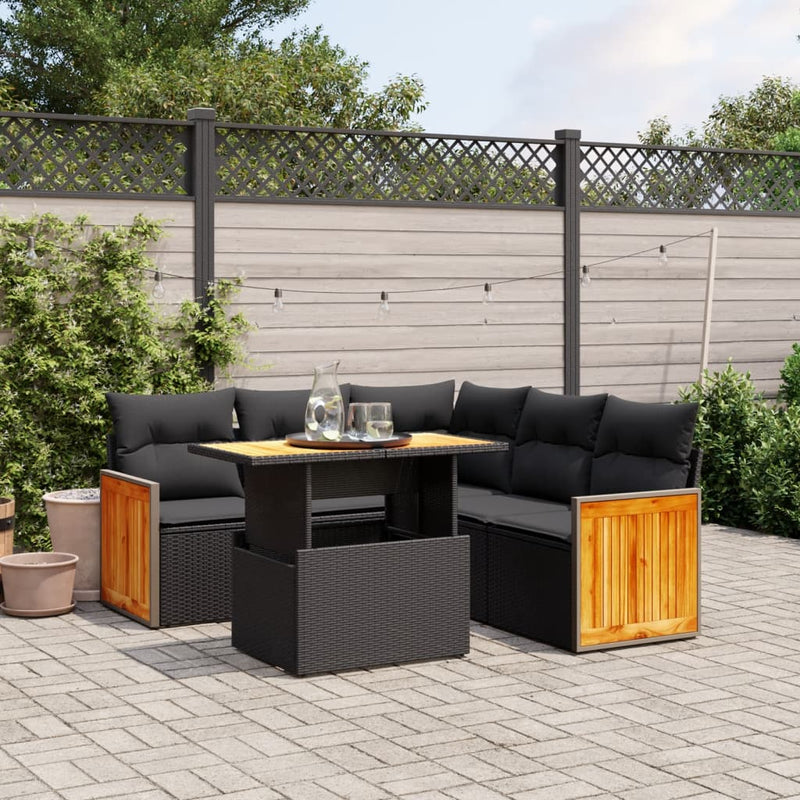 6-delige Loungeset met kussens poly rattan zwart
