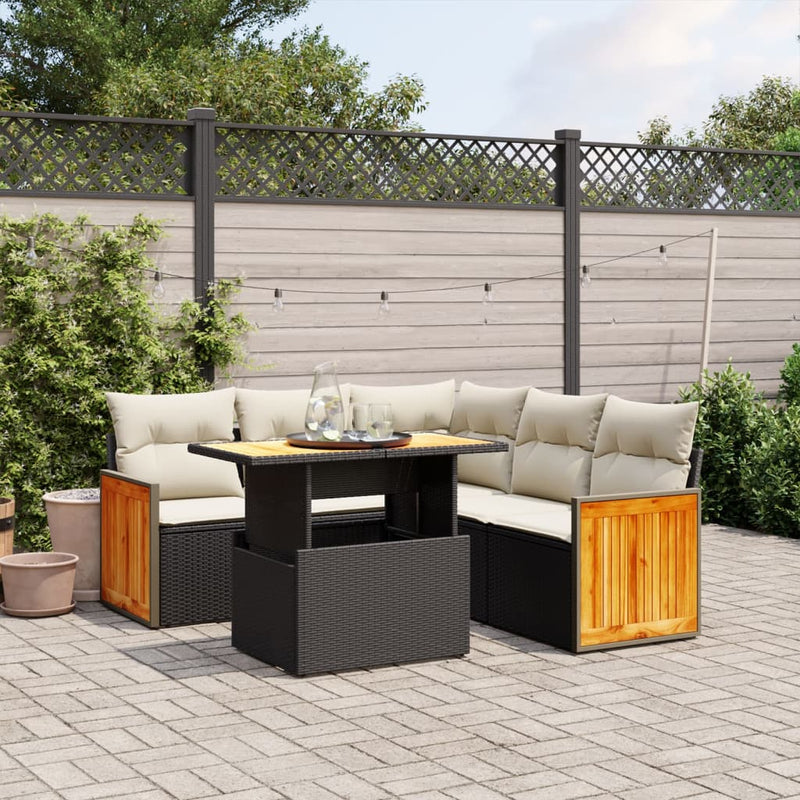 6-delige Loungeset met kussens poly rattan zwart