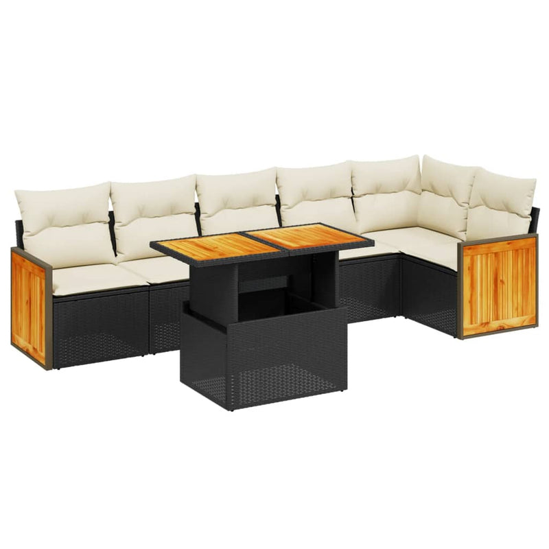 7-delige Loungeset met kussens poly rattan zwart