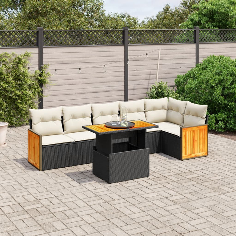 7-delige Loungeset met kussens poly rattan zwart
