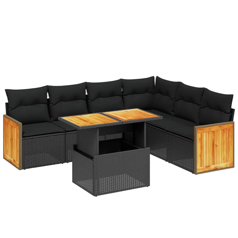 7-delige Loungeset met kussens poly rattan zwart