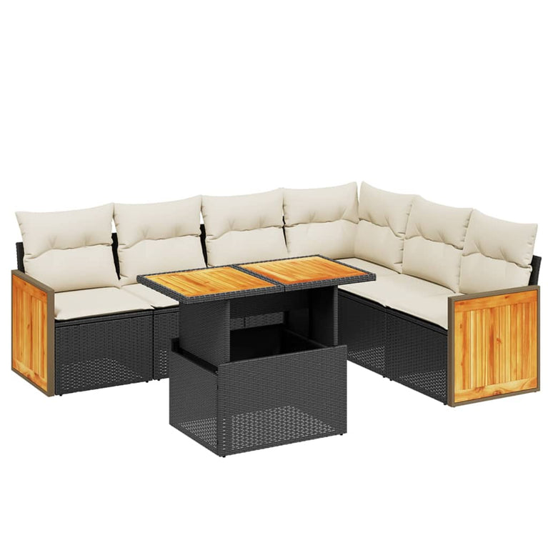7-delige Loungeset met kussens poly rattan zwart