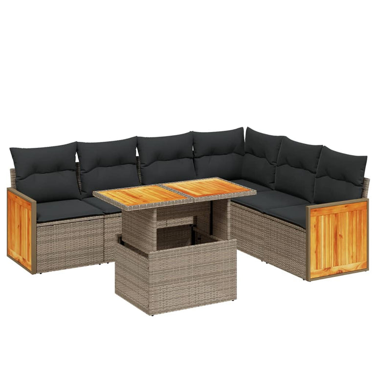 7-delige Loungeset met kussens poly rattan grijs