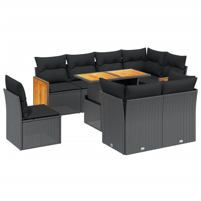 9-delige Loungeset met kussens poly rattan zwart