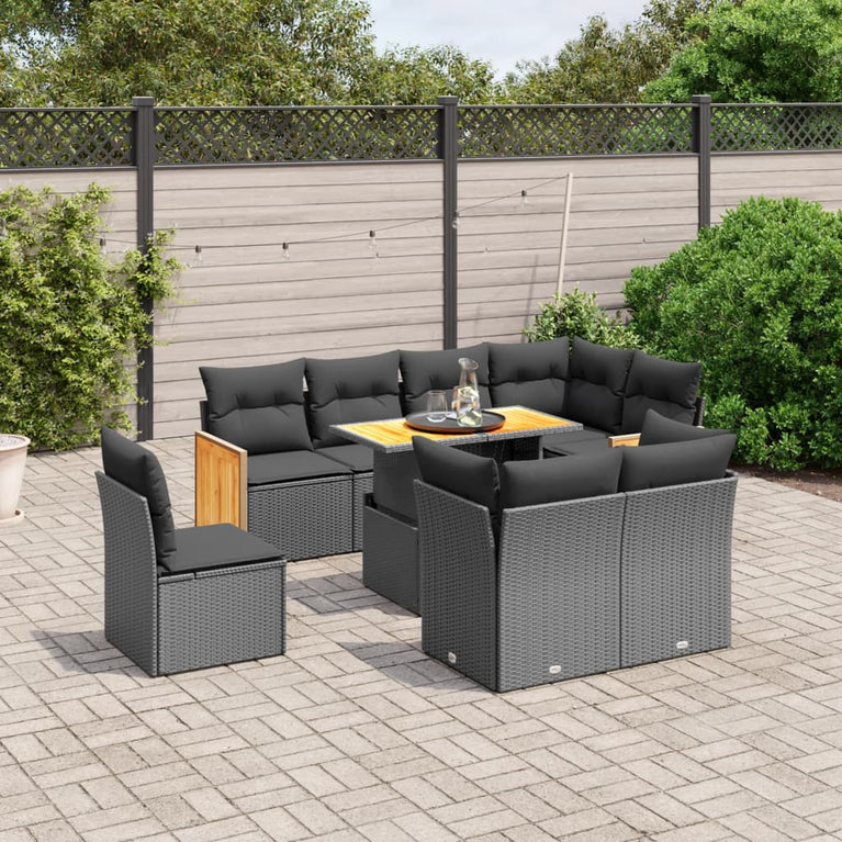 9-delige Loungeset met kussens poly rattan zwart