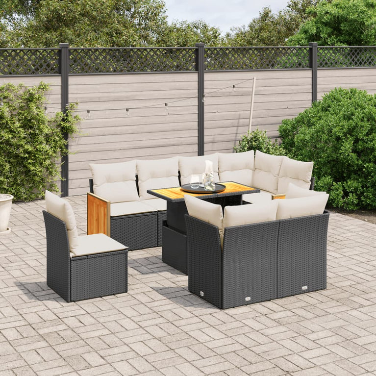 9-delige Loungeset met kussens poly rattan zwart